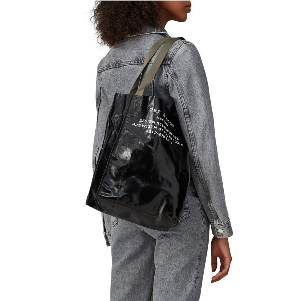 Rag & Bone Tote Bag Womens OS Black Excellent Patent Design Studio Logo Olive